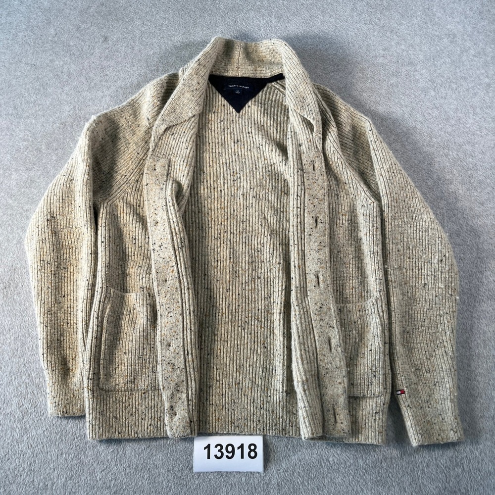 Tommy Hilfiger Cardigan Sweater Mens Small Beige Wool Chunky Knit Shawl Collar